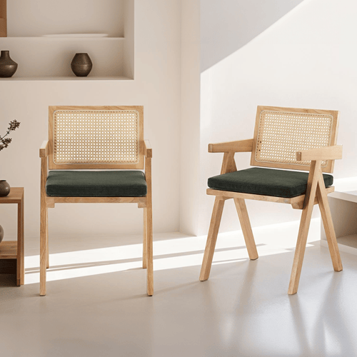 Chaise en bois massif, cannage naturel et velours côtelé vert - Lina