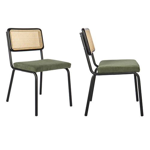 Lot de 2 chaises en cannage velours côtelé vert et métal noir - Paula