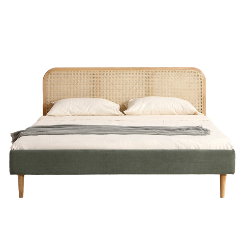 Lit adulte 140x190 cm en velours côtelé vert kaki avec tête de lit en cannage - Dalia