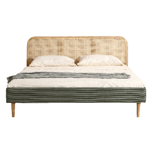 Lit adulte 140x190 cm en velours côtelé beige avec tête de lit en cannage - Dalia