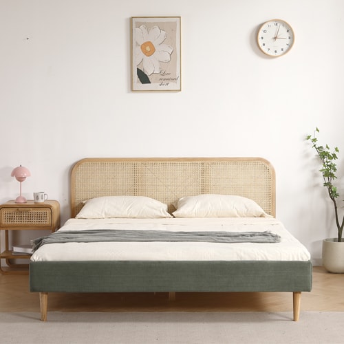 Lit adulte 140x190 cm en velours côtelé beige avec tête de lit en cannage - Dalia