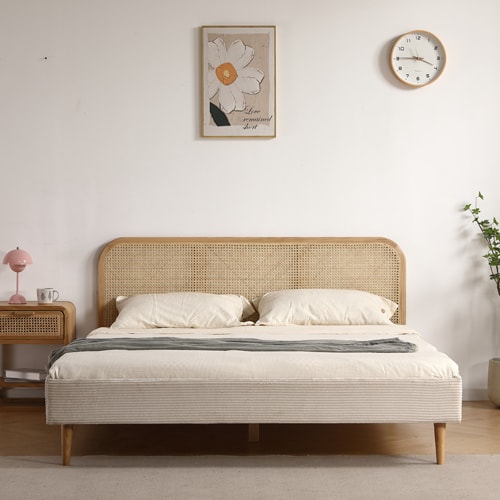 Lit adulte 160x200 cm en velours côtelé beige avec tête de lit en cannage - Dalia