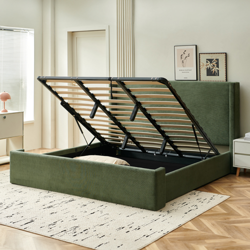 Lit coffre adulte 140x190 cm avec tête de lit capitonnée en velours côtelé vert kaki - Elma