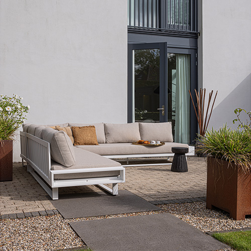 Canapé de jardin d'angle en aluminium blanc et coussins couleur sable 308 cm - Flint