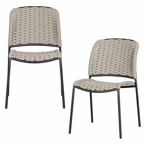 Lot de 2 chaises de jardin sans accoudoirs en corde couleur sable et aluminium noir - Taku