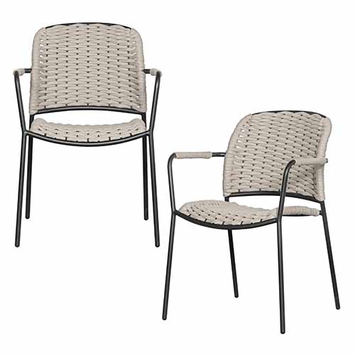Lot de 2 chaises de jardin avec accoudoirs en corde couleur sable et aluminium noir - Taku