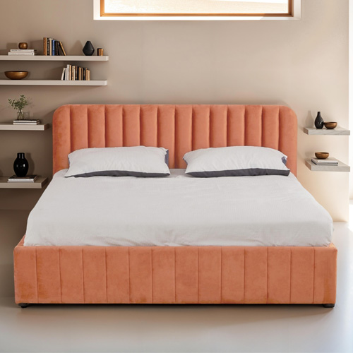 Lit coffre adulte 140x190 cm avec tête de lit capitonnée en velours terracotta - Ava