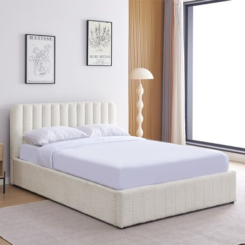 Lit coffre adulte 160x200 cm avec tête de lit capitonnée en tissu bouclé beige - Ava