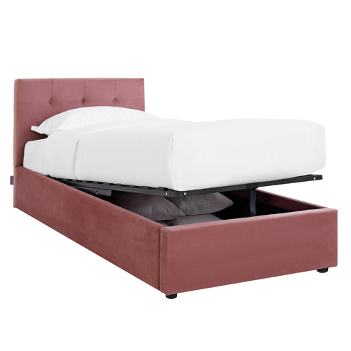 Lit coffre adulte 90x190 cm avec tête de lit capitonnée en velours rose et sommier - Tina