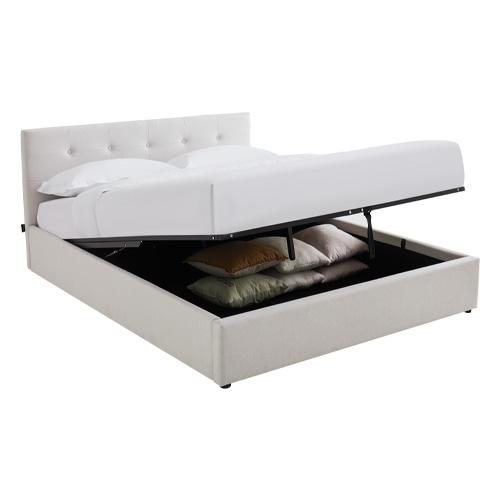 Lit coffre adulte 140x190 cm avec tête de lit matelassée en tissu beige et sommier - Tina