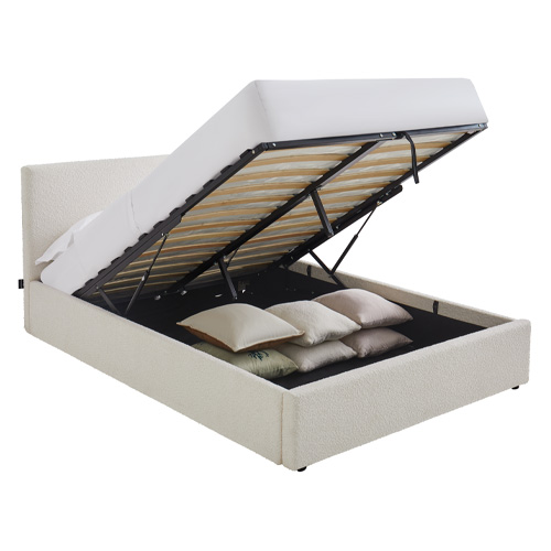 Lit coffre adulte 140x190 cm avec tête de lit matelassée en tissu bouclé beige et sommier - Tina