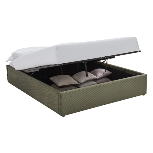 Lit coffre adulte 140x190 cm en velours côtelé vert kaki avec sommier - Handy