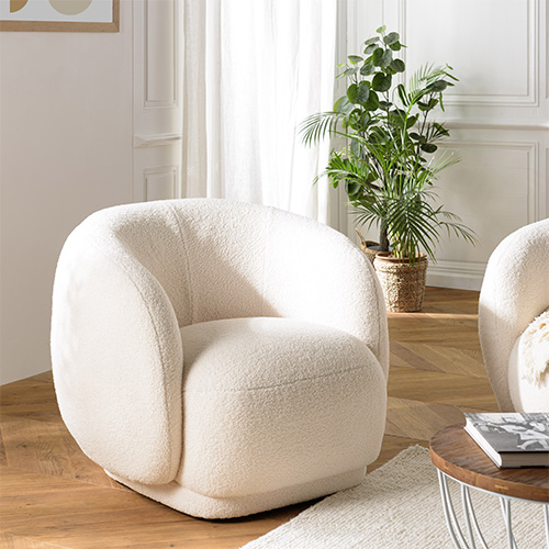 Fauteuil arrondi en tissu bouclette beige - Leopold