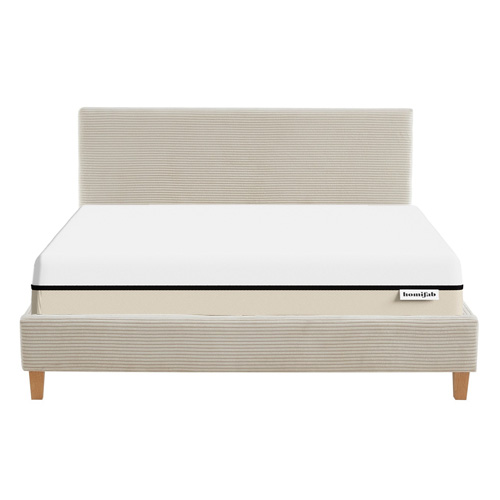 Ensemble lit 160x200 en velours côtelé beige Milo + Matelas Hybride à ressorts ensachés et mémoire de forme - Spring Elite