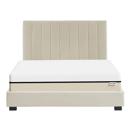 Ensemble lit 160x200 en velours beige William + Matelas Hybride à ressorts ensachés et mémoire de forme - Spring Elite