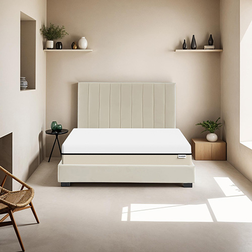 Ensemble lit 160x200 en velours beige William + Matelas Hybride à ressorts ensachés et mémoire de forme - Spring Elite