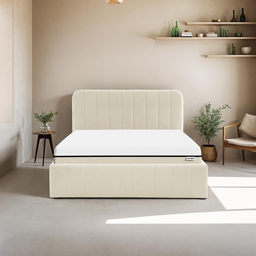 Ensemble lit coffre 160x200 en tissu bouclé écru Ava + Matelas Hybride à ressorts ensachés et mémoire de forme - Spring Elite