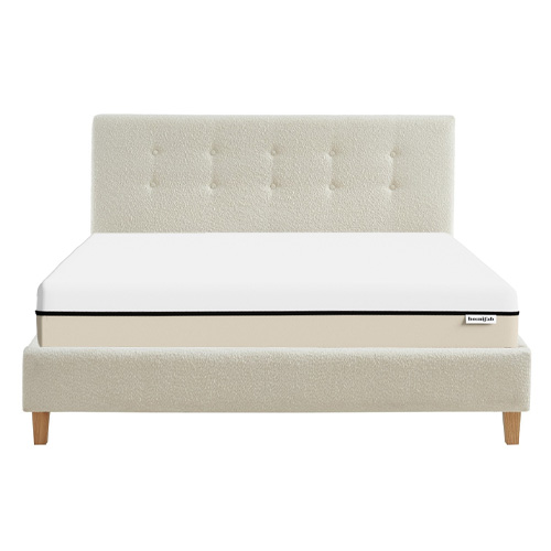 Ensemble lit 160x200 en tissu bouclé écru Milo + Matelas Hybride à ressorts ensachés et mémoire de forme - Spring Elite