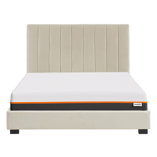 Ensemble lit 140x190 en velours beige William + Matelas mousse gel à mémoire de forme, double confort - Dual Confort