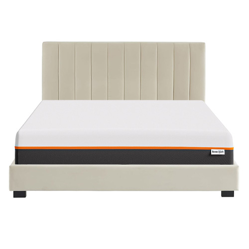 Ensemble lit 160x200 en velours beige William + Matelas mousse gel à mémoire de forme, double confort - Dual Confort