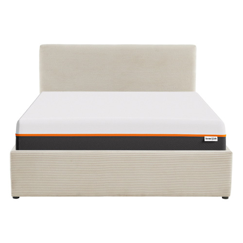 Ensemble lit coffre 160x200 en velours côtelé beige Tina + Matelas mousse gel à mémoire de forme, double confort - Dual Confort