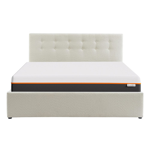 Ensemble lit coffre 160x200 en tissu bouclé écru Tina + Matelas mousse gel à mémoire de forme, double confort - Dual Confort