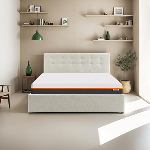 Ensemble lit coffre 160x200 en tissu bouclé écru Tina + Matelas mousse gel à mémoire de forme, double confort - Dual Confort