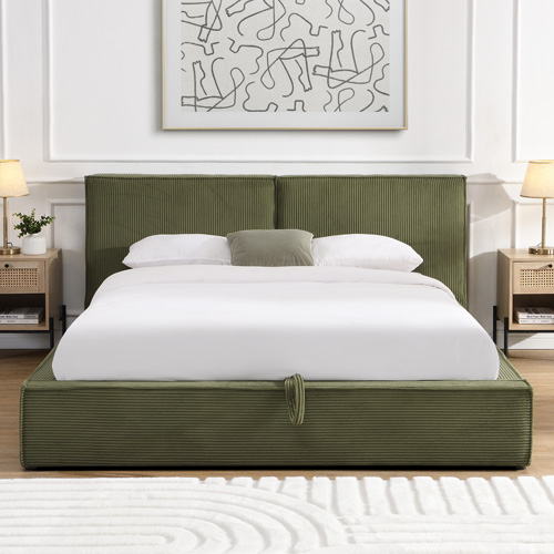 Lit coffre adulte 160x200 cm avec sommier et tête de lit matelassée en velours côtelé vert kaki - Arno